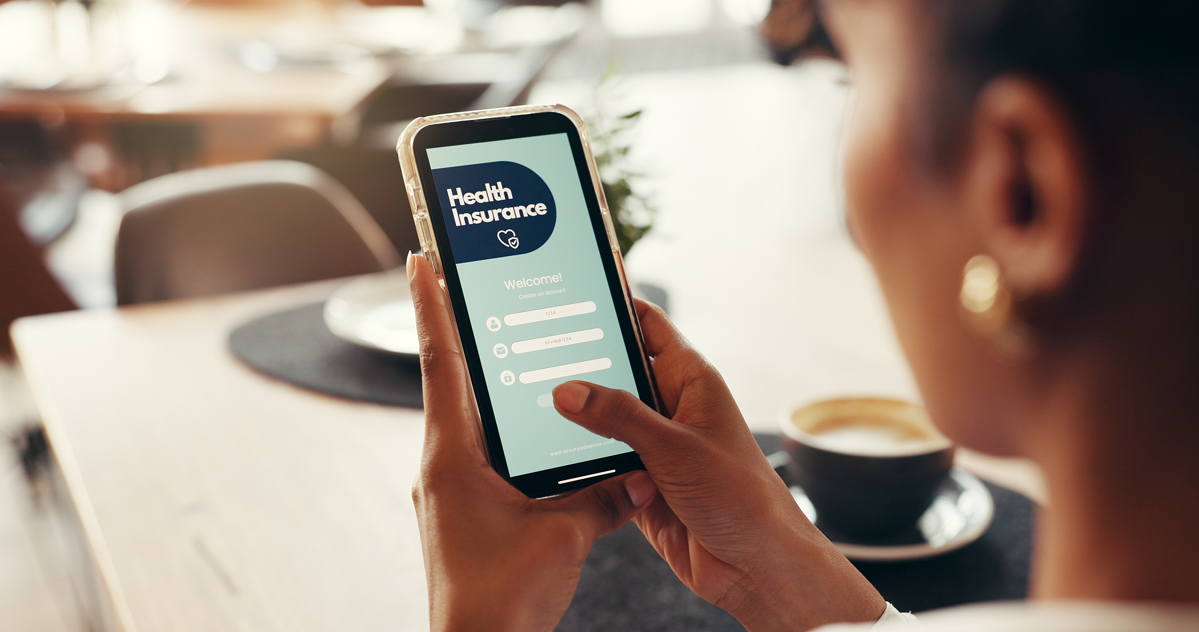 Phone screen, health insurance and hands of woman for digital application, app and check in. Claims status, membership benefits and medical cover with person for login and online review in cafe.