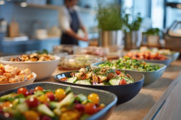 Healthy corporate cafeteria offering nutritious meal options and fresh food preparation, workplace nutrition program with employee dining environment for wellness and balanced lifestyle benefits.