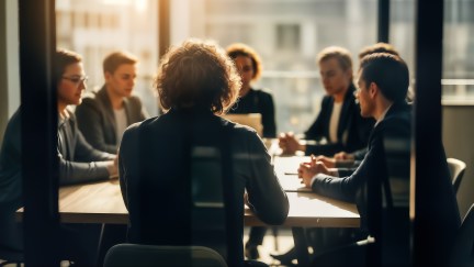 Business meeting in a modern office with diverse professionals collaborating around a conference table during a bright, sunlit session, viewed from behind a glass partition