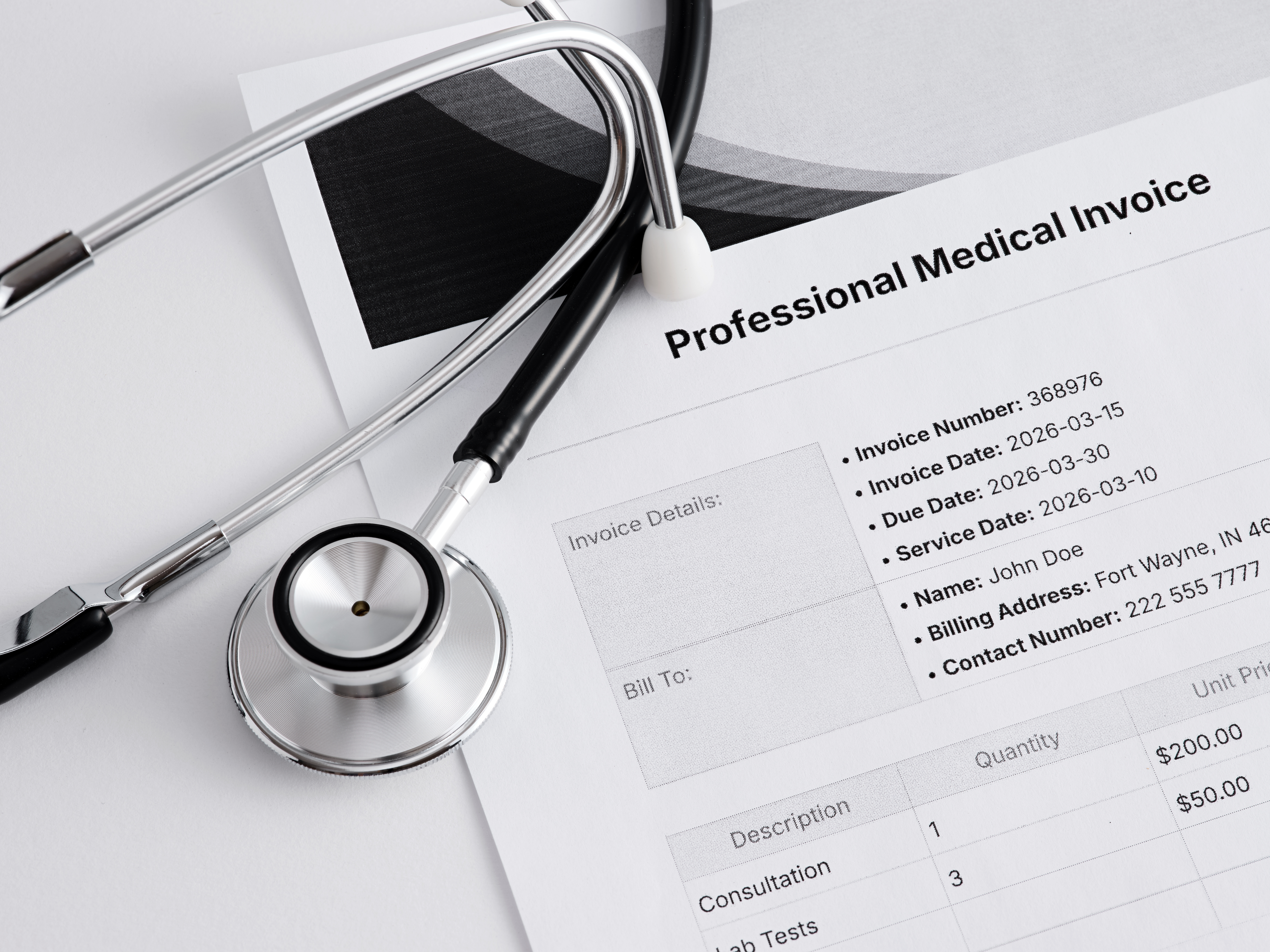 Stethoscope on professional medical invoice showing healthcare costs