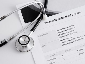 Stethoscope on professional medical invoice showing healthcare costs