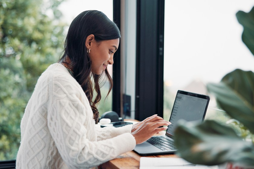 Woman, email or remote work in home with laptop for HR support, payroll or benefits administration. Person, typing or review in house with computer for employee policy, management report or planning.