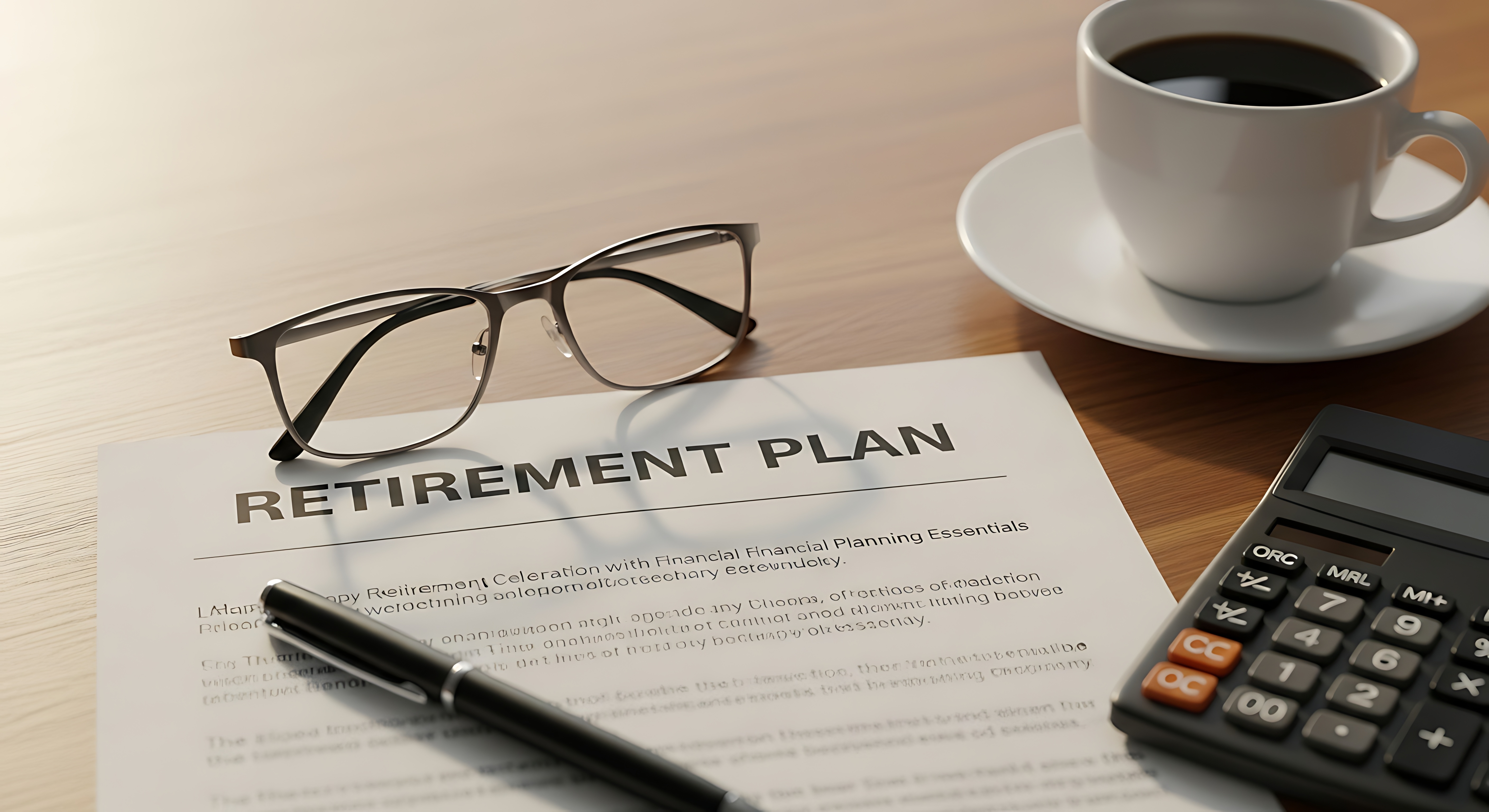 Retirement plan document, glasses, pen, and coffee on a desk, symbolizing financial planning for future endeavors.