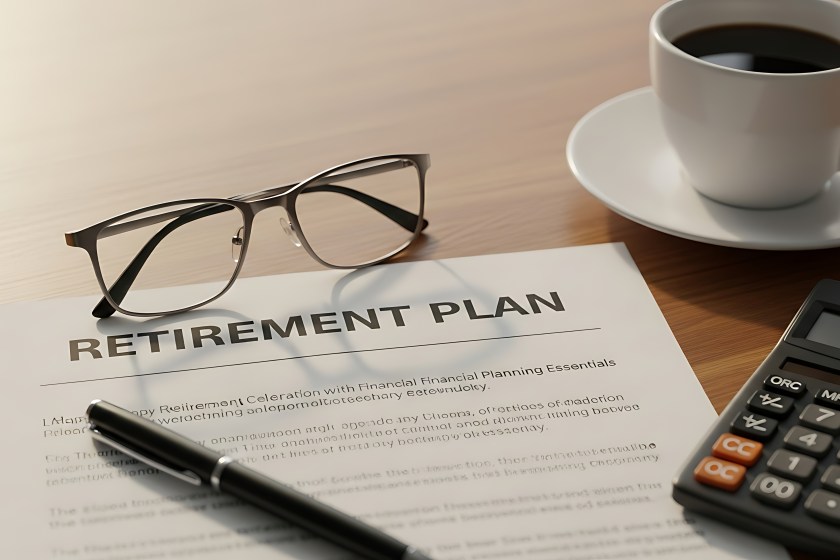 Retirement plan document, glasses, pen, and coffee on a desk, symbolizing financial planning for future endeavors.