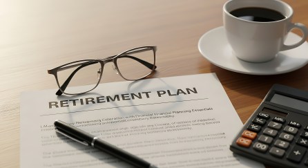 Retirement plan document, glasses, pen, and coffee on a desk, symbolizing financial planning for future endeavors.