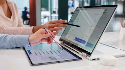 A woman with a laptop.