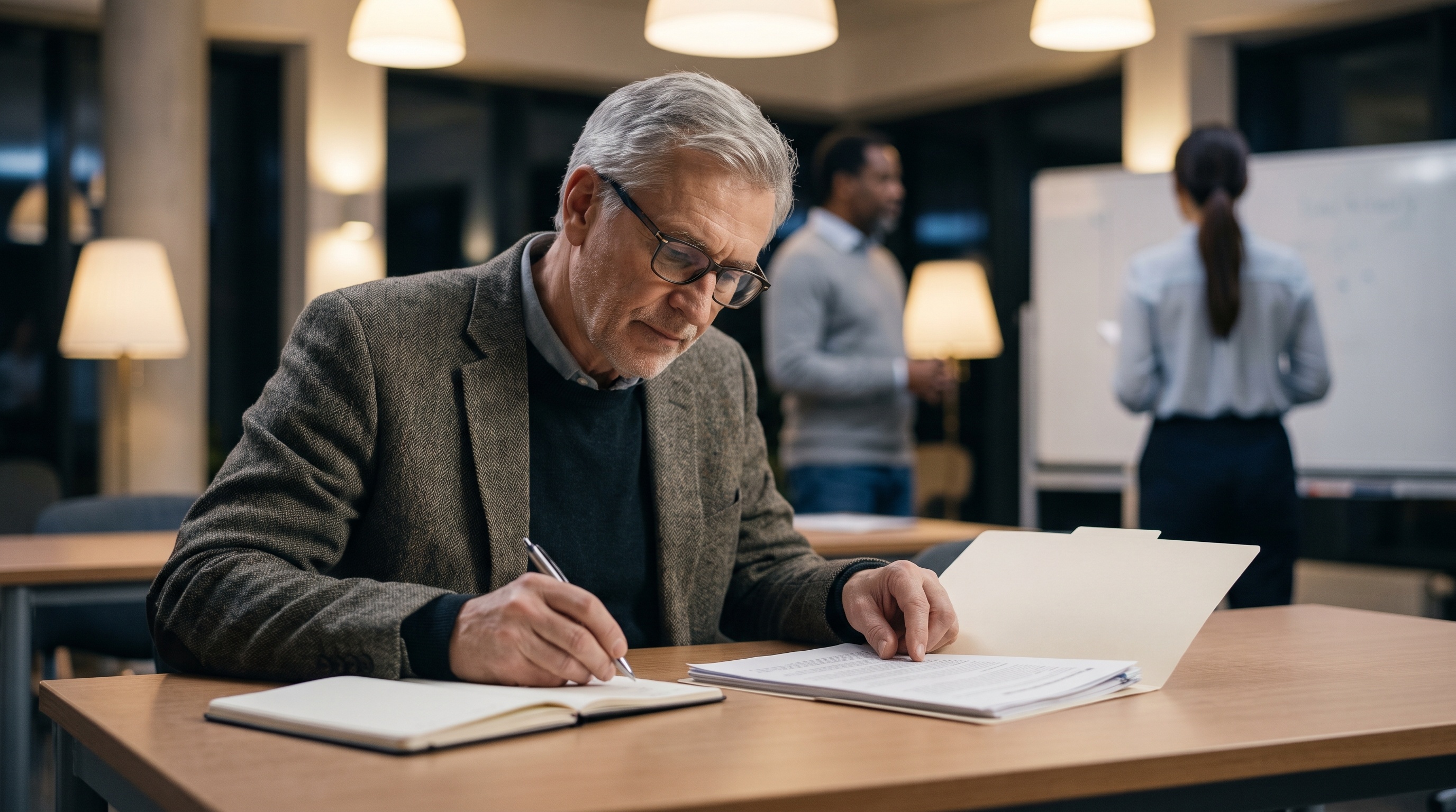 Older Man In Adult Education Class Reviewing Notes During Lesson.