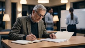 Older Man In Adult Education Class Reviewing Notes During Lesson.