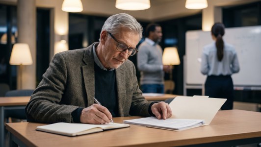Older Man In Adult Education Class Reviewing Notes During Lesson.