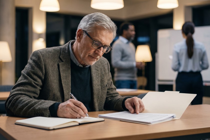 Older Man In Adult Education Class Reviewing Notes During Lesson.