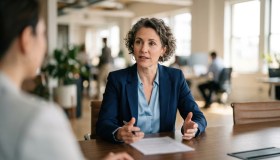Financial expert advising a service firm client on credit line benefits for operational growth with the focus on the advisor and blurred business.