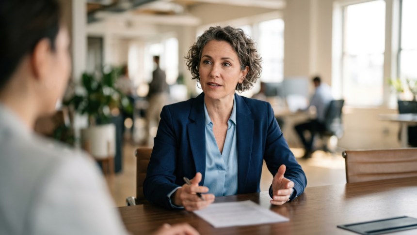 Financial expert advising a service firm client on credit line benefits for operational growth with the focus on the advisor and blurred business.