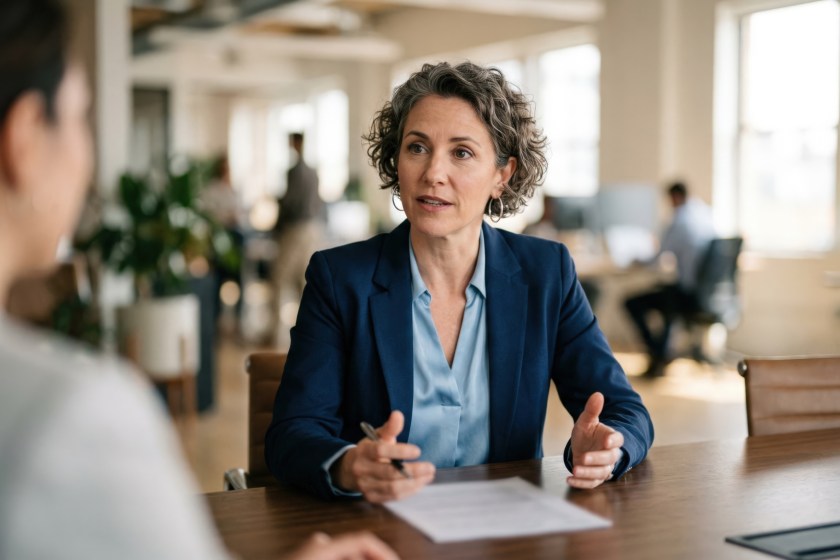 Financial expert advising a service firm client on credit line benefits for operational growth with the focus on the advisor and blurred business.