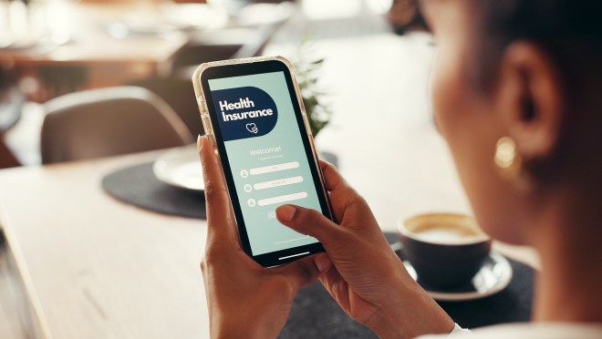 Phone screen, health insurance and hands of woman for digital application, app and check in. Claims status, membership benefits and medical cover with person for login and online review in cafe