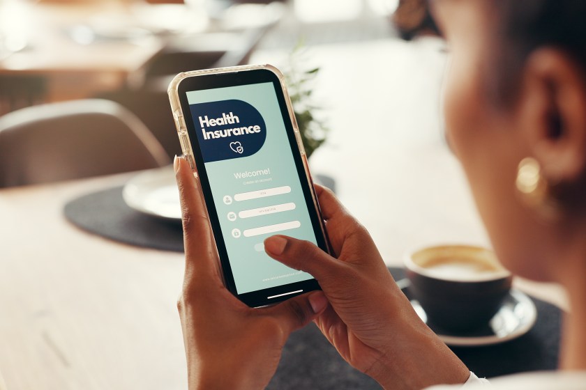 Phone screen, health insurance and hands of woman for digital application, app and check in. Claims status, membership benefits and medical cover with person for login and online review in cafe
