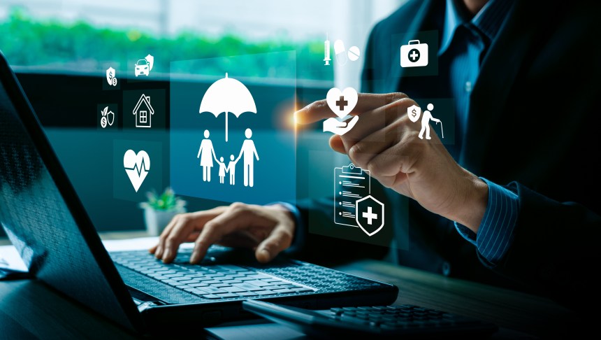Digital insurance technology concept with businessman hand selecting family protection, health, finance, and retirement.